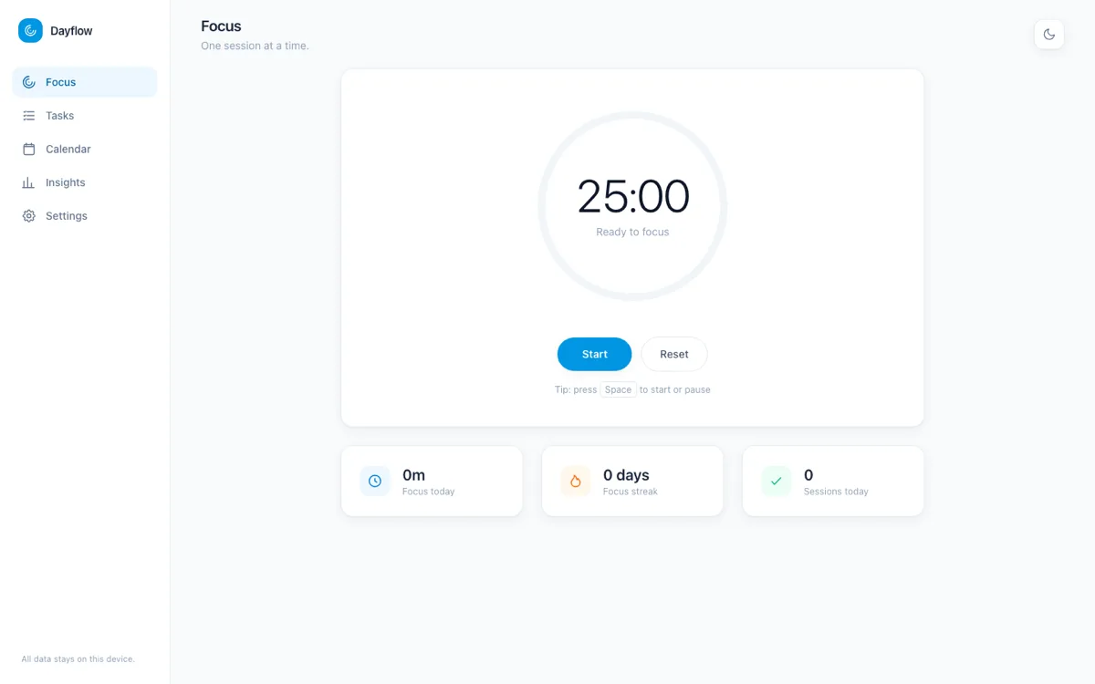 Dayflow — lokales Produktivitäts-Dashboard — Ansicht 1